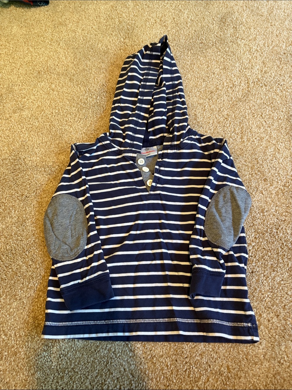 Hanna Andersson Navy & White Striped Hooded Shirt with Gray Elbow Patches